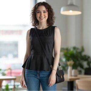 bebe Black Peplum Sleeveless Top with Sheer Detail Women’s Size Small